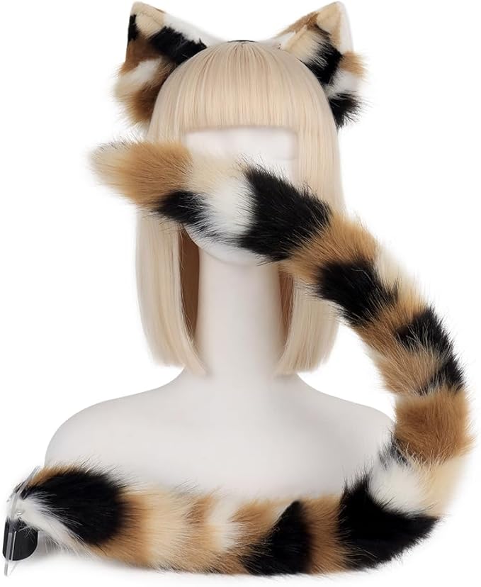 QinRuan Animal Cosplay Costume Accessories Furry Faux Fur Cat Ears Headband and Fox Tail Set Halloween Accessory
