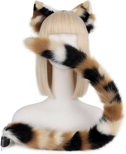QinRuan Animal Cosplay Costume Accessories Furry Faux Fur Cat Ears Headband and Fox Tail Set Halloween Accessory