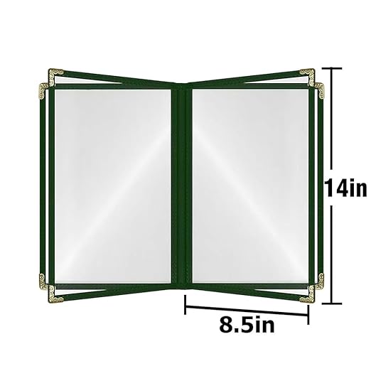 Goodsmart Restaurant Menu Covers – 25 Pack Green 8-View Booklet 8.5" x 14", Side-Loading Vinyl & Plastic Menu Holders, Clear Menu Sleeves, Leather-Style Café Covers with Gold Corners