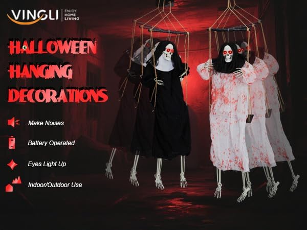 VINGLI Halloween Hanging Swining Skeleton Ghost with Creepy Sounds & Flashing Red Eyes, Scary 2 Pack for Indoor Haunted House Party & Outdoor Graves Scary Yard Garden Lawn Decoration.