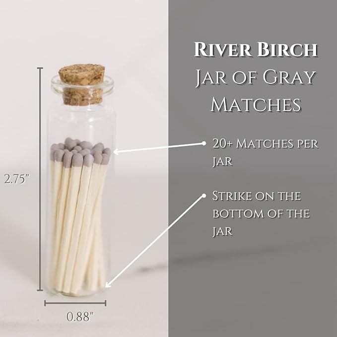 River Birch Gray Tip Matches in Jar with Striker - Decorative Home Matches with Glass Match Holder - Wooden Match Sticks for Candles - Set of 6 Bottles with Safety Matches - 2 Inches, 120 Matches