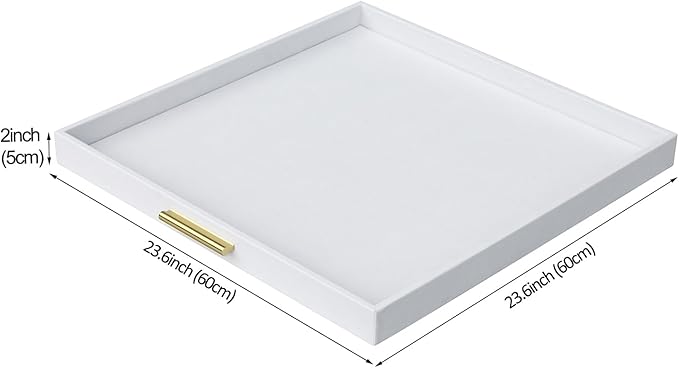 HofferRuffer Extra Large Square Serving Tray, Elegant Faux Leather Ottoman Tray with Gold Hardware Handles, Serve Tea, Coffee or Breakfast in Bed, 24 x 24 inches (White Shagreen)