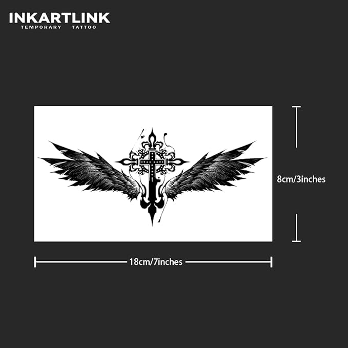 INKARTLINK Tattoo Tech, 2 Sheets Large Semi Permanent Tattoo, Adult Art Design Temporary Tattoos, Lasts 1-2 Weeks, Waterproof, Realistic Look, No Adhesive, No Reflection (Cross with Wings Design)