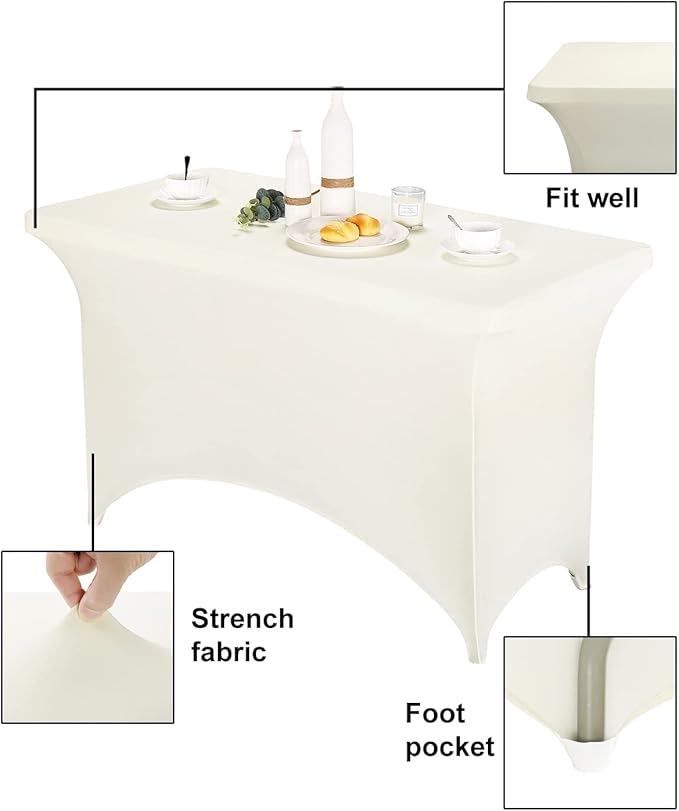 FORLIFE 4Pack Spandex Table Covers，Fitted Tablecloth for Rectangular Tables, Stretch Patio Table Covers, Universal Spandex Table Cover for Wedding, Banquet, Party (4ft, Ivory)