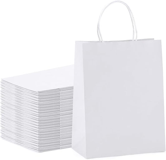METRONIC 100 Pcs 8x4.25x10.5 Inch Paper Gift Bags White, Gift Wrap Bags with Handles, Kraft Paper Bag for Small Business, Heavy Duty Bulk Bag for Birthday Party Favors, Shopping, Retail