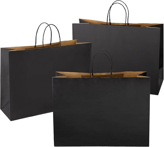 Ronvir 70Pcs Paper Bags with Handles 16x6x12 inch, Large Recycled Kraft Paper Bags Bulk for Shopping, Wedding,Business, Retail, Boutique, Party, Grocery, Party Favor - Black