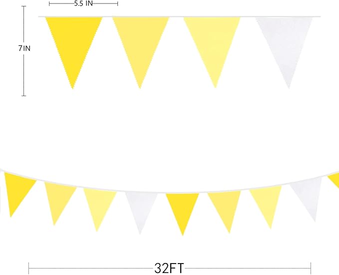 32Ft Yellow Party Decorations Yellow White Pennant Banner Fabric Triangle Flag Bunting Garland for Lemon Bee Sunflower Birthday Baby Shower Anniversary Wedding Party Home Outdoor Garden Decorations