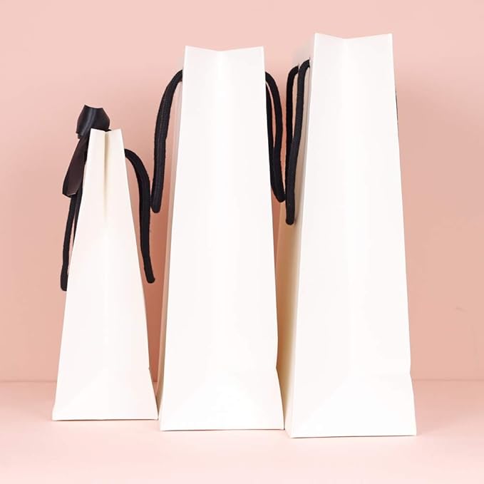 PAPERIST 12pcs Elegance Gift Bag with Satin Bows Ribbon, Sturdy Durable Thick Gift Bag, White gift bag with Black handle and Black Ribbon, Gift bag for Wedding, Christmas, Birthday Party