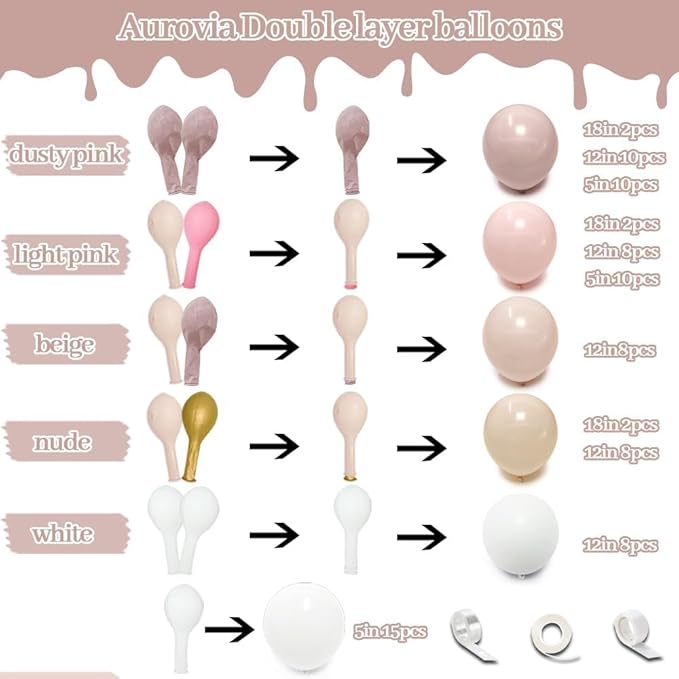 Dusty Pink White Balloon Garland Double Stuffed Baby Pink Nude Beige Balloons Cream Balloon Arch Kit for Boho Baby Shower Birthday Bridal Shower Wedding Engagement Party Decorations