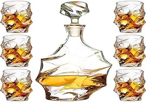 Whiskey Decanter Glasses Set Lead-Free Crystal Glass Scotch Tasting Cups Wine Bottle for Drinking Irish Whisky Bourbon Tequila tumbler (Iceberg, 1 Decanter & 6 Glasses Set)