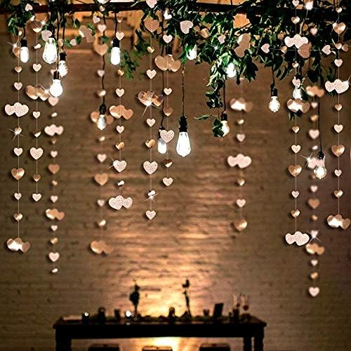 Valentines Day Party Decorations Champagne Gold Heart Garland Metallic Glitter Paper Love Heart Streamer Banner for Anniversary Mothers Day Engagement Bridal Shower Wedding Bachelorette Birthday Party