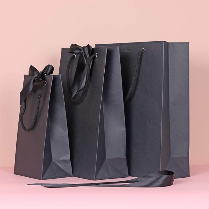 PAPERIST 8pcs 11.8x4.9x15.7” Elegance Black Gift Bag with Black Satin Bows Ribbon, Sturdy Durable Thick Gift Bag,Gift bag for Wedding, Christmas, Birthday Party, Bridal Shower, Baby Shower
