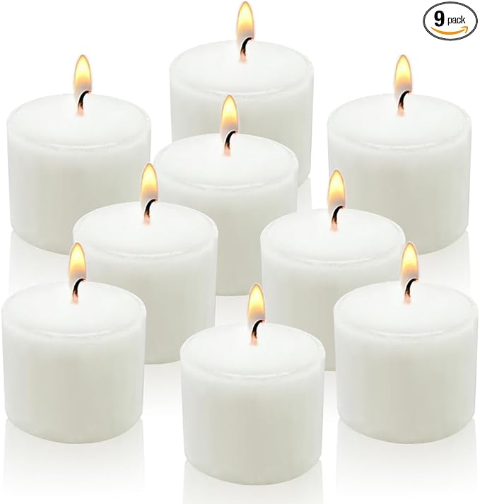 White Votive Candles, 9 Packs Small Unscented 1.5 Inch Diameter Wax Candles for Christmas Valentine's Day Wedding, Party, Table, Holiday & Home Decoration - 8 Hours Burn Time (1.5" W x 1.25" H)