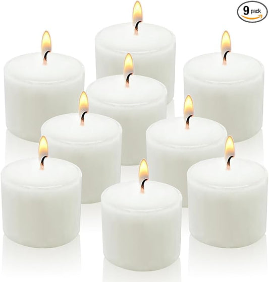 White Votive Candles, 9 Packs Small Unscented 1.5 Inch Diameter Wax Candles for Christmas Valentine's Day Wedding, Party, Table, Holiday & Home Decoration - 8 Hours Burn Time (1.5" W x 1.25" H)