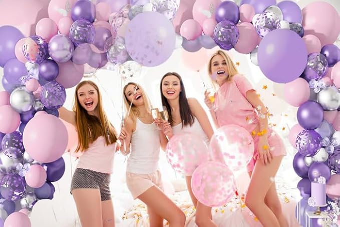 Purple Balloons Garland Arch Kit,131pcs Pink Purple Confetti Balloons with Silver Ballons for for Girl Baby Shower Birthday Wedding Anniversary Party Decorations