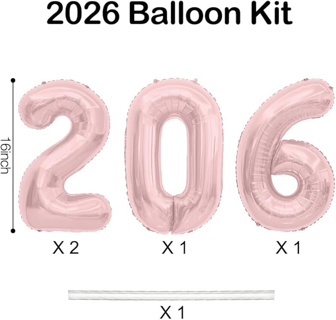 2026 Balloons, 2026 Number Balloons, 2026 Rose Gold Balloon, Foil Happy New Year Balloon for New Year Eve Party Supplies Graduation Decorations Anniversary Birthday Home Office Decorations, 16 Inch