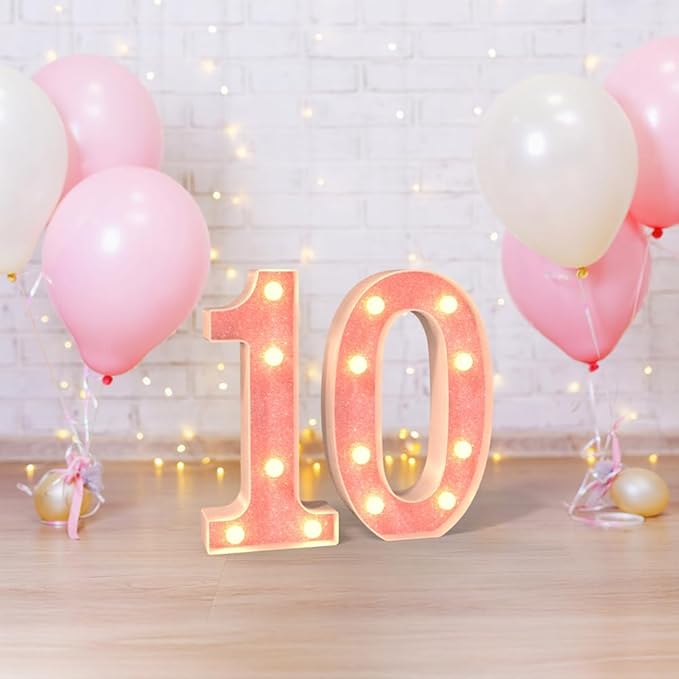 Marquee Light up Numbers 0-9, Battery Powered LED Light, Pink Glitter Plastic for 10th Birthday Decorations, Graduation Engagement Wedding Decor (Number 10)