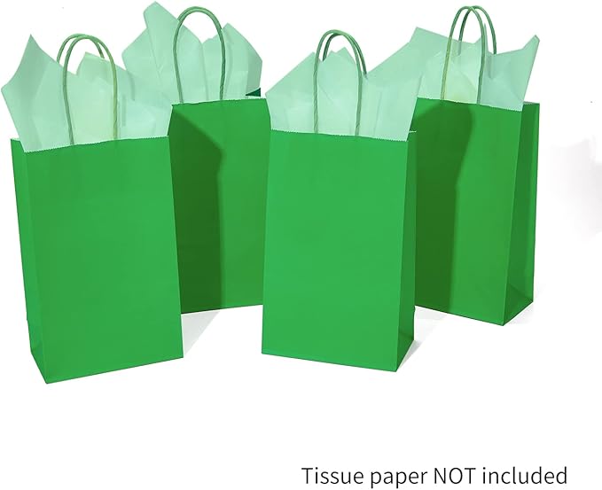DjinnGlory 100 Pack Small-Sized 9''x5.5''x3.15'' Green Paper Gift Bags with Handles Bulk for Boutiques, Party Favors Goodies, Christmas, St. Patrick's Holiday (Solid Green)