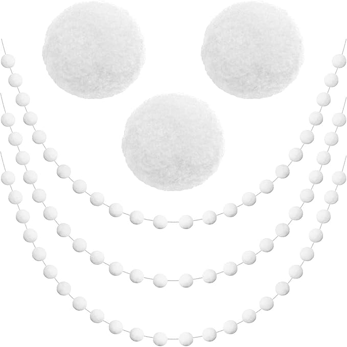 Jishi 3pk White Felt Pom Pom Garland Christmas Tree Decorations Indoor Home Decor, Cute Winter Wonderland Snow Ball Ornaments, Hanging String Pompom Snowball Beads, Xmas Holiday Birthday Party Banners
