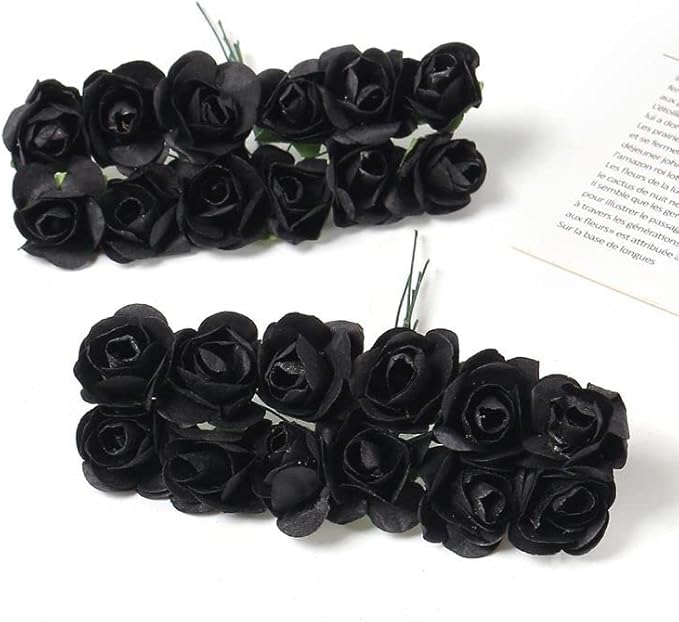 144pcs Mulberry Paper Mini Roses Artificial Flowers Heads with Stems for DIY Crafts Accessories Make Bridal Hair Clips Headbands Dress Wedding Bridal Bouquets Party Home Decor Valentine's (Black)