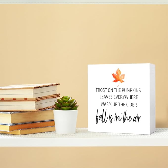 Funny Autumn Maple Leaves Wood Box Sign Fall is in the Air Wooden Block Desk Decor for Home Office Kitchen Cubicle Table Shelf Tabletop,Farmhouse Fall Sign Decor