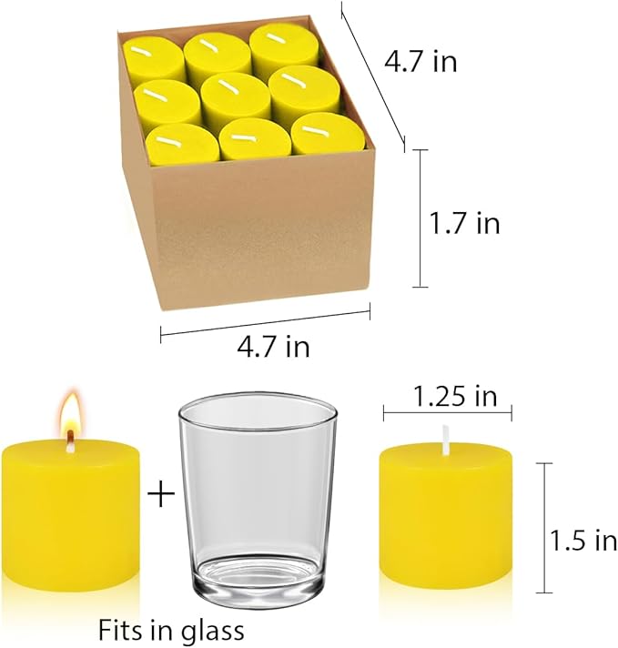9 Packs Yellow Votive Candles, Small Unscented 1.25 Inch by 1.5 Inch Diameter Wax Colored Candles for Wedding, Party, Table Holiday & Home Decoration - 8 Hours Burn Time