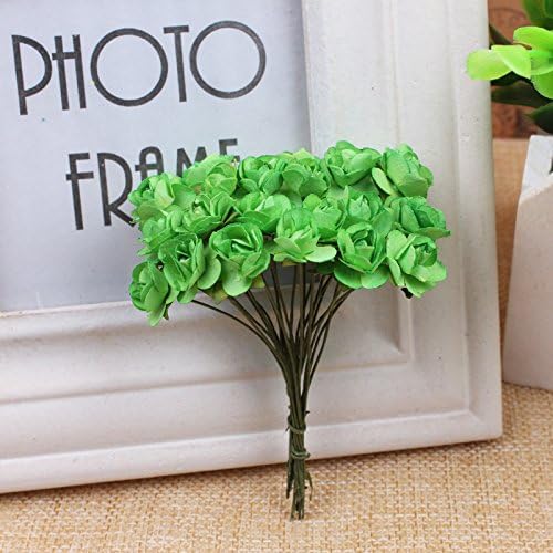 144pcs Mulberry Paper Mini Roses Artificial Flowers Heads with Stems for DIY Crafts Accessories Make Bridal Hair Clips Headbands Dress Wedding Bridal Bouquet Party Home Decor Valentine's (Light Green)