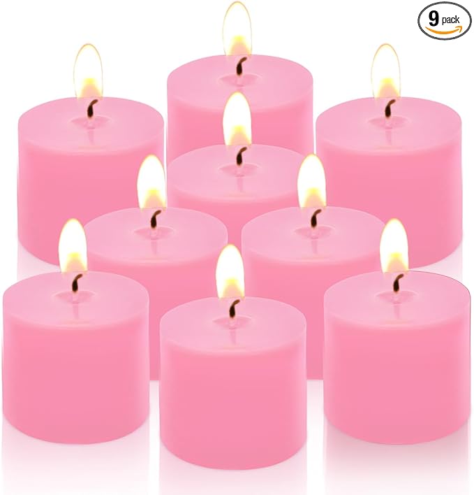 9 Packs Pink Votive Candles, Small Unscented 1.5 Inch Diameter Wax Candles for Christmas Valentine's Day Wedding, Party, Table Holiday & Home Decoration - 8 Hours Burn Time (1.5" W x 1.25" H)