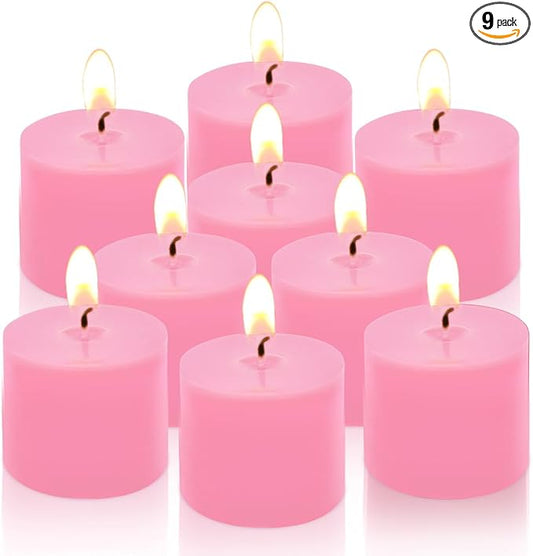 9 Packs Pink Votive Candles, Small Unscented 1.5 Inch Diameter Wax Candles for Christmas Valentine's Day Wedding, Party, Table Holiday & Home Decoration - 8 Hours Burn Time (1.5" W x 1.25" H)