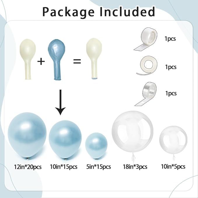 Pearl Blue Balloon Arch Double Stuffed Pastel Light Baby Blue Metallic Balloon Garland Kit Different Sizes 12/10/5in With Clear Bobo Balloons for Birthday Wedding Bridal Baby Shower Summer Party Decor
