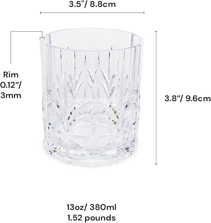 BELLAFORTE Tritan Plastic Whiskey Glasses Set of 4, 13oz Unbreakable Wine Glasses, Shatterproof Crystal Cut Drinking Glasses for Old Fashioned, Cocktails - BPA Free - Dishwasher Safe - Clear