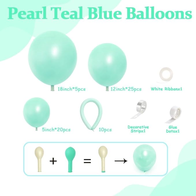 Pearl Teal Blue Balloon Double Stuffed Blue Balloons Garland Pearl Turquoise Arch Kit Teal Long Balloons Different Size for Birthday Wedding Baby Shower Anniversary Decoration