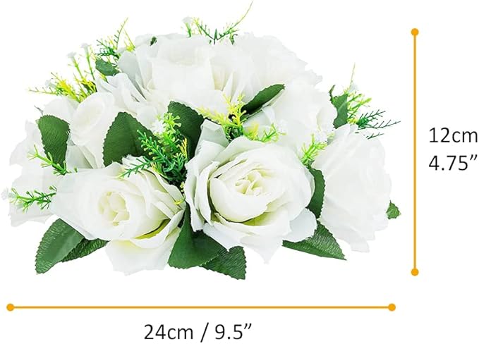 10Pcs Artificial Flower Ball Arrangement, 9.5" 15 Heads Wedding Roses Bouquet with Base Suitable for Parties Valentine's Day Wedding Centerpieces Flower Rack and Home Decor (White)