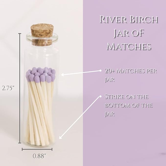 River Birch Lavender Tip Decorative Matches | 120+ Small Premium Wooden Safety Matches | 6 Bottles of 20+ Matches Each with Striker on Bottom | Home Decor