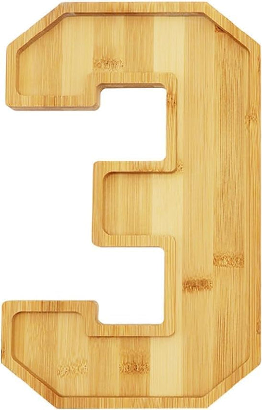 15.8'' Bamboo Charcuterie Fillable Board Box, Reusable Alphabet Number Shaped Form Tray for Birthday Anniversaries, Serving Tray for Birthday Party Decor Serving Plates Display Candy Cake (Number 3)