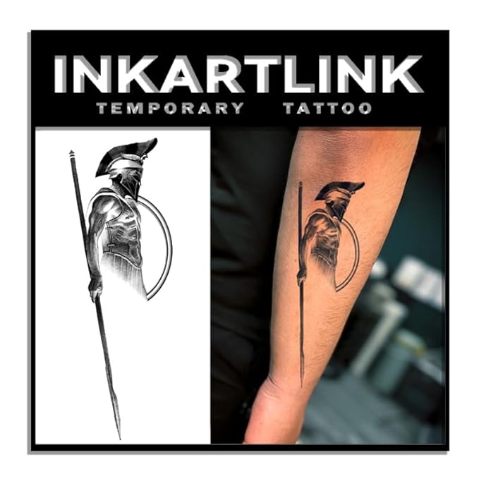 INKARTLINK Tattoo Tech, 2 Sheets Medium Semi Permanent Tattoo, Adult Art Design Temporary Tattoos, Lasts 1-2 Weeks, Waterproof, Realistic Look, No Reflection (Hoplite)