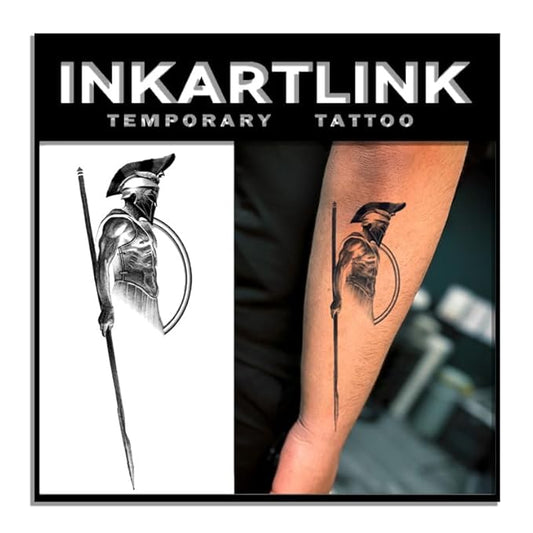 INKARTLINK Tattoo Tech, 2 Sheets Medium Semi Permanent Tattoo, Adult Art Design Temporary Tattoos, Lasts 1-2 Weeks, Waterproof, Realistic Look, No Reflection (Hoplite)