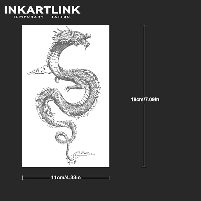 INKARTLINK Tattoo Tech, 2 Sheets Medium Semi Permanent Tattoo, Adult Art Design Temporary Tattoos, Lasts 1-2 Weeks, Waterproof, Realistic Look, No Reflection (dragon)
