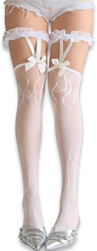 Flame Fishnets,Patterned Thigh High Stockings With Bow,Sexy Fire Devil Costume Women
