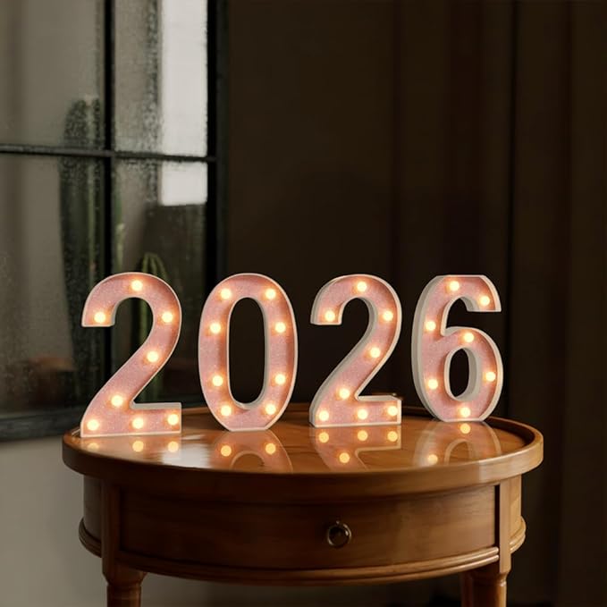 Marquee Numbers 2026 Light up Numbers Battery Powered LED Light for 2026 New Years Decorations Pink Glitter Plastic Number Docor for New Years Eve Graduation Christmas Birthday Party Supplies
