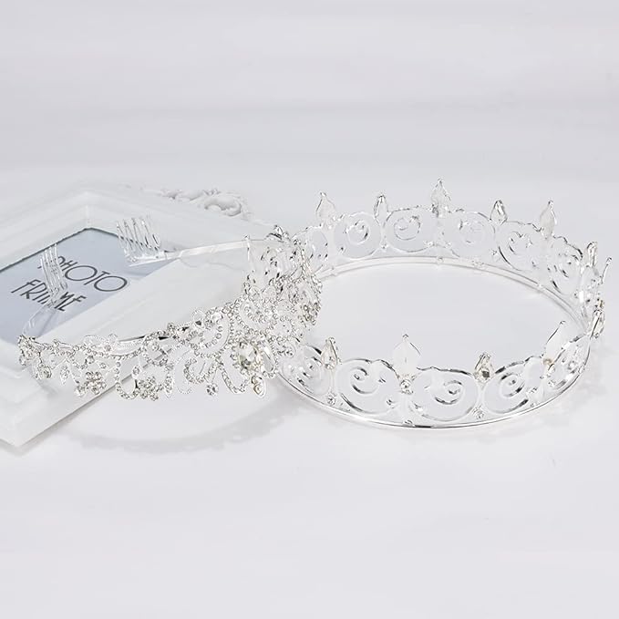 AOPRIE King & Queen Tear Drop Tiara and Crown for Women Men Crystal Hair Accessories for Wedding Prom Bridal Birthday Party Halloween Costume Christmas Gifts Silver Princess Tiara for Girls Boys