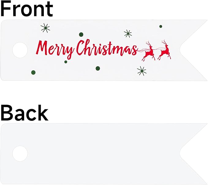 G2PLUS Small Merry Christmas Tags - 100Pcs Deer Xmas Present Tags, 2.8''x0.8'' White Paper Gift Tag with String for Gift Wrapping, Goodies Bags, Christmas Holiday Party Favors