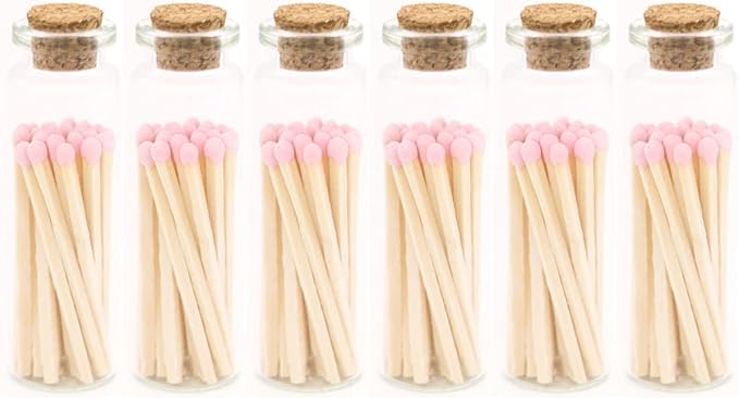 River Birch Lilac Tip Matches in Jar with Striker - Decorative Home Matches with Glass Match Holder - Wooden Match Sticks for Candles - Set of 6 Bottles with Safety Matches - 2 Inches, 120 Matches