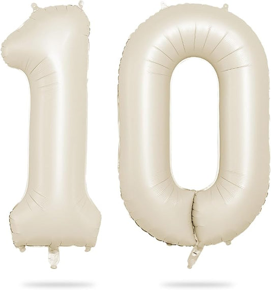 40 Inch Cream Number 10 Balloon, Beige Large 10th Birthday Balloons, Digital 10 Cream White Giant 10 Foil Balloon for Boys Girls 10th Birthday Decorations Anniversary Baby Shower Party Decoration