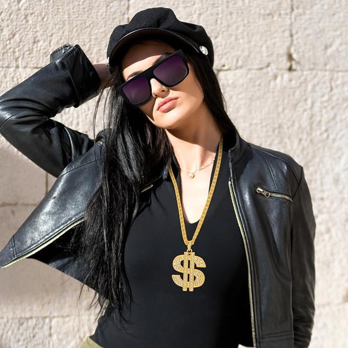 80s 90s Hip Hop Costume Accessories Set - 7 Pcs Rapper Party Outfit Kit with Inflatable Radio & Cell Phone, Dollar Necklace & Ring, 90s Style Bucket Hat, Retro Sunglasses & Air Pump