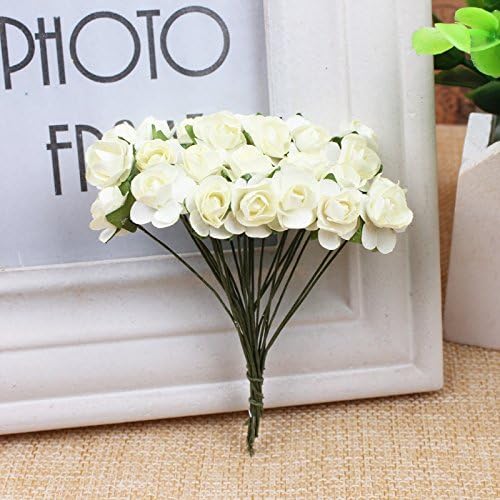 144pcs Mulberry Paper Mini Roses Artificial Flowers Heads with Stems for DIY Crafts Accessories Make Bridal Hair Clips Headbands Dress Wedding Bridal Bouquet Party Home Decor Valentine's (Ivory White)