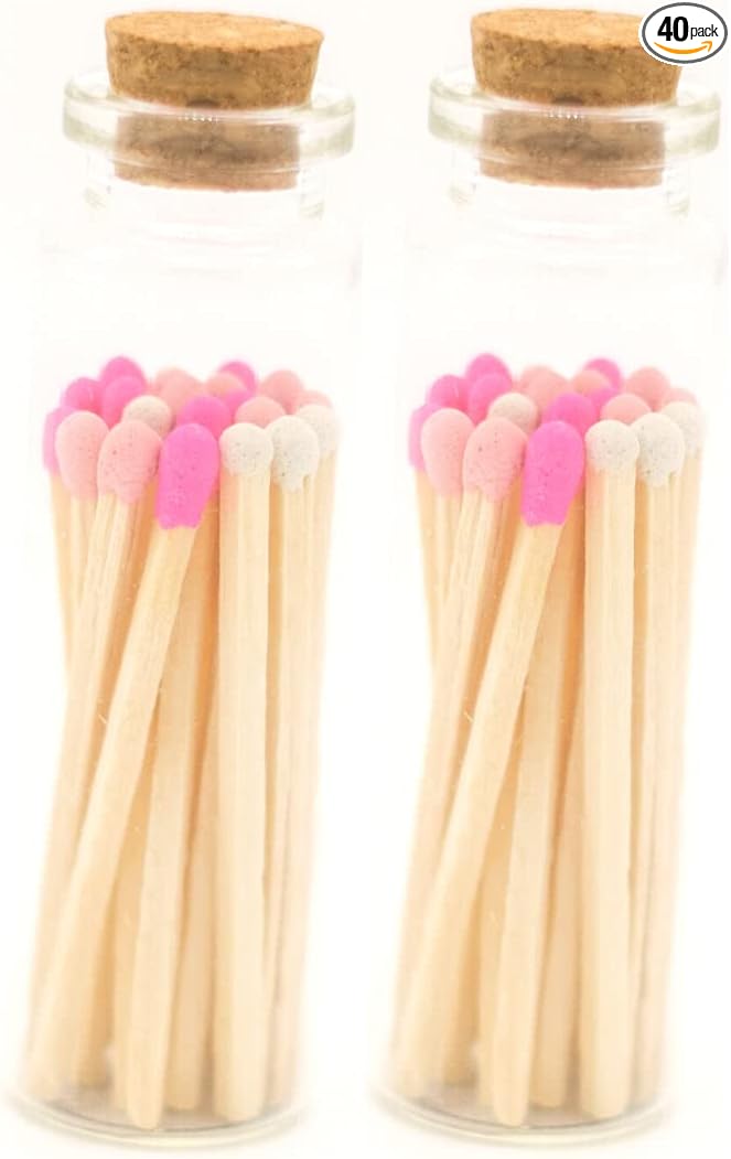 River Birch Decorative Matches in Bottles with Striker - Colored Match Tips in Shades of Pink