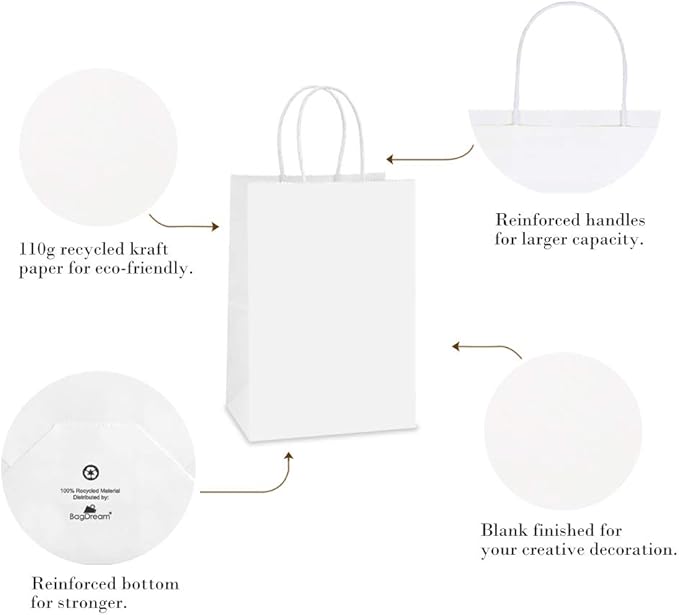 BagDream Gift Bags 100Pcs 5.25x3x8 Small Kraft Paper Gift Bags with Handles Bulk, White Paper Sacks for Wedding Birthday Party favor, Retail, Merchandise, Small Grocery