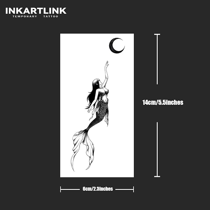 INKARTLINK Temporary Tattoos, 2 Sheets Medium Semi Permanent Tattoo Adult Art Design Waterproof Temp Tattoo Stickers Realistic Look, No Adhesive, Lasts 1-2 Weeks Black (Mermaids)