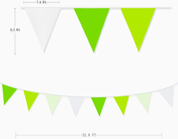 10M/32Ft Green and White Banner Party Decorations Triangle Flag Fabric Banner Cotton Pennant Bunting Garland for Wedding Birthday Home Nursery Outdoor Garden Hanging Festivals Decoration